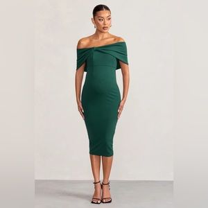 Club L London Green Maternity Dress - Alyssa Bardot Midi Dress with Ruching